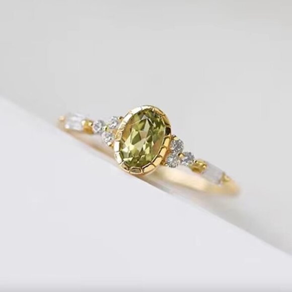 14k Gold Dainty Oval Cut Peridot Diamond Ring Band - Picture 2 of 6
